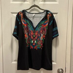 Vibrant Embroidered Like Printed Black Blouse